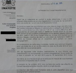 Courrier du conseil départemental à des agents recrutés par l'ancienne majorité évoquant une 