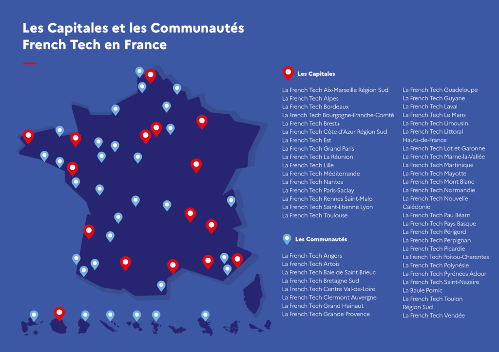 Carte de France répartissant les différentes communautés French Tech à l'hexagone et ses DROM