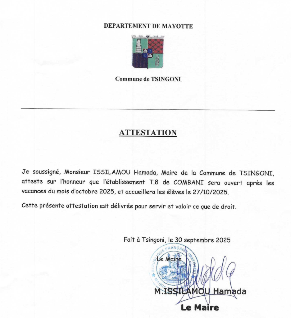 Mayotte, école, Combani, chantier, courrier Tsingoni, 