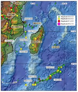 La carte des séismes dans le Canal du Mozambique (source: BRGM)