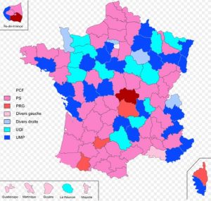 Départementales 2015 : La carte politique officielle avant le scrutin. A noter que Mayotte est présentée comme un département à majorité divers gauche