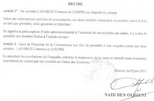 Décision de suspension de vente de ciment Lafarge Comores et COFIPRI