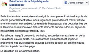 Un message posté sur facebook par la présidence malgache