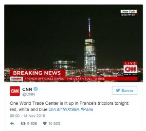 New York, le World Tarde Center aux couleurs de la France en solidarité