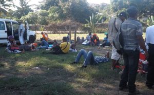 A l'aéroport, déjeuner et sieste sur l'herbe en attendant l'arrivée de George Pau Langevin