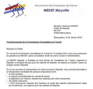Le courrier du MEDEF Mayotte au préfet
