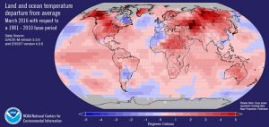 Carte du monde des températures du mois de mars 2016 établie par une agence américaine