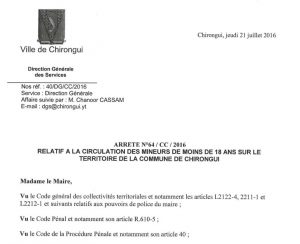 L'arrêté municipal limitant la circulation des mineurs à Chirongui