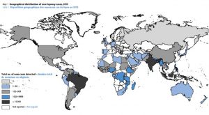 Répartition géographique des nouveaux cas de lèpre dans le mode en 2015 (OMS)