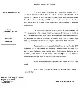 Courrier de Thani Mohamed à Jean-Jacques Urvoas