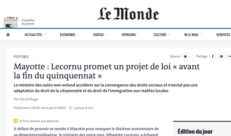 Sébastien Lecornu, Mayotte, Mansour Kamardine, Thani MOhamed Soilihi, Le MOnde