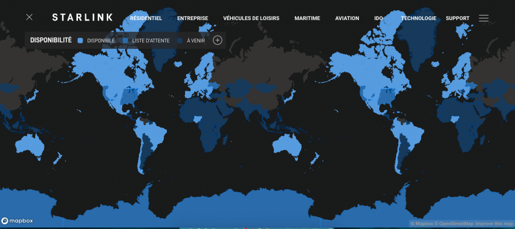 Carte du monde représentant les zones desservies par le réseau internet Starlink
