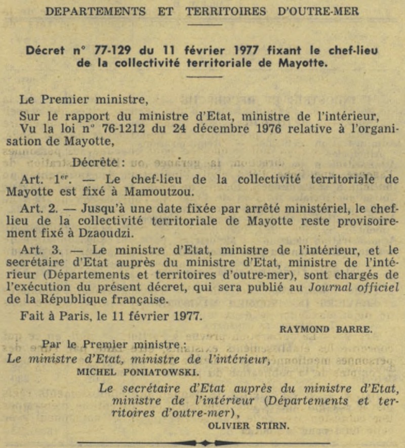 Journal officiel, chef lieu, Mamoudzou, Mayotte